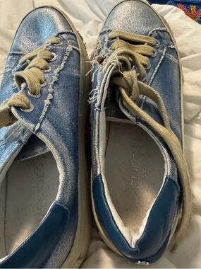 J Slides Blue Metallic Canvas Sneakers distressed style